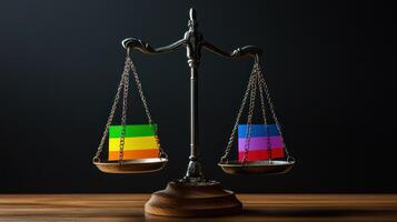Balanced scales of justice with rainbow weights symbolize equality and rights activism, perfect for pride month photo