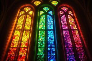 Rainbow stained glass window design creates vibrant unity theme with colorful patterns and copy space above photo