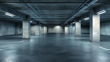 Empty parking garage with concrete floor and pillars photo