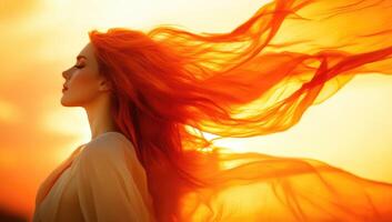 A woman with long red hair is blowing in the wind photo