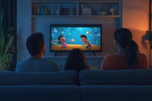 A family sitting on a couch watching a cartoon on tv photo