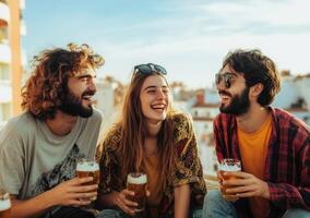 Three friends drinking beer on a rooftop photo