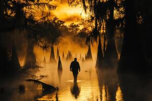 A man walking through a swamp at sunset photo