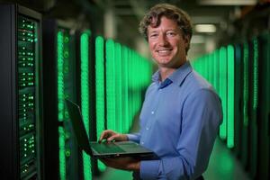 A man in a blue shirt holding a laptop in a server room photo