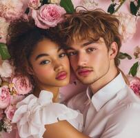 A young couple posing in front of pink flowers photo