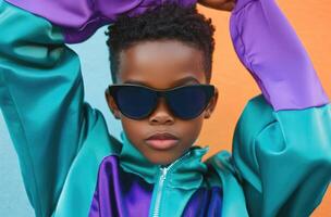 A young black girl wearing sunglasses and a colorful jacket photo