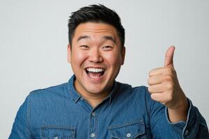 Happy asian man showing thumbs up on white background photo