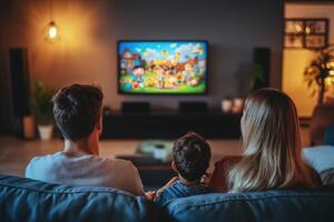 A family sitting on a couch watching a cartoon on tv photo