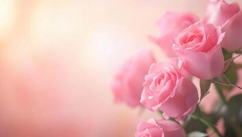 Pink roses are shown in front of a blurred background photo