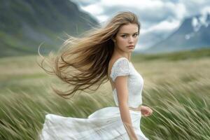 A woman in a white dress running through a field photo