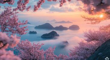 The sun sets over the ocean and mountains in this photo