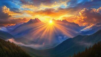 The sun shines through the clouds over a mountain range photo