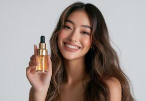 Beautiful asian woman holding a bottle of golden liquid photo