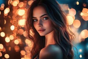 Beautiful girl with bokeh lights photo