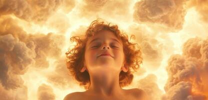A child is looking up into the sky photo