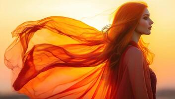 A woman with long red hair is standing in front of a sunset photo