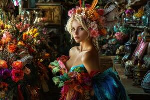 A beautiful woman in a flower shop with colorful feathers photo