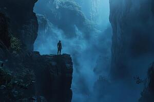 A man standing on a cliff in the middle of a dark cave photo