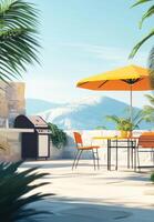 An outdoor patio with a table and chairs photo