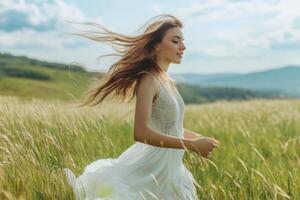 A woman in a white dress running through a field photo