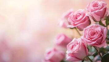 Pink roses are shown in a photo with a blurred background