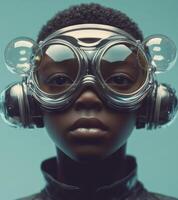 A young boy wearing goggles and a black jacket photo