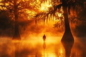 A man is walking through a swamp at sunset photo
