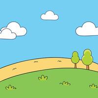 Simple cartoon landscape with sky, clouds, hills, grass, and trees vector