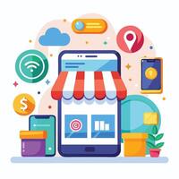 Online store mobile app interface with various features, including payment, location, and wifi. vector