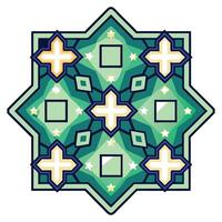 Intricate geometric pattern with teal, green, and beige hues, featuring stars and plus shapes vector