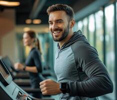 A man is running on a treadmill in a gym photo