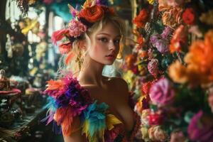 A beautiful woman with colorful flowers in her hair photo