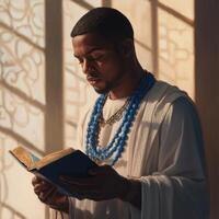 A man in a white robe is reading a book photo