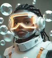 A young girl wearing a space suit and goggles photo
