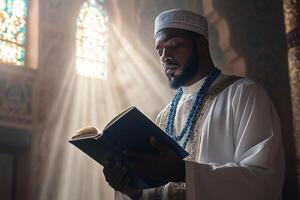 A muslim man reading the holy book in a church photo