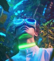 A man wearing a neon green lighted glasses in the jungle photo