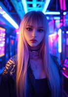 A woman with long blonde hair and a necklace in a neon lit room photo