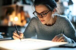 A woman is drawing on a piece of paper photo