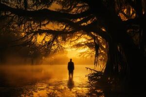 A man standing in the water at sunset photo