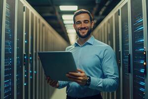 A smiling man holding a tablet in a server room photo