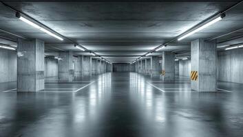 Empty parking garage with concrete floors and lights photo