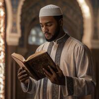 Muslim man reading the quran in a mosque photo