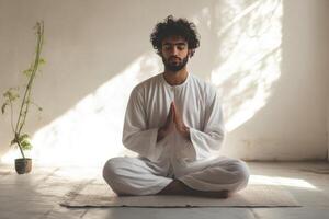 A man in white sitting in a meditation pose photo