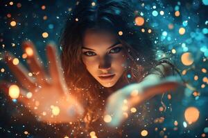 A beautiful woman with glowing hands and a sparkly background photo