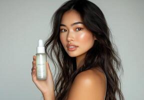 A woman holding a bottle of skin care product photo