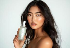 A beautiful young woman holding a bottle of skin care photo