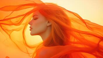 Beautiful woman with flowing red hair in the wind photo