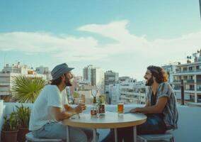 Two men sitting at a table with beer and food photo