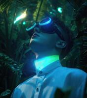 A man wearing a glowing neckband in the jungle photo
