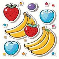 a set of fruit stickers with strawberries, bananas and apples vector